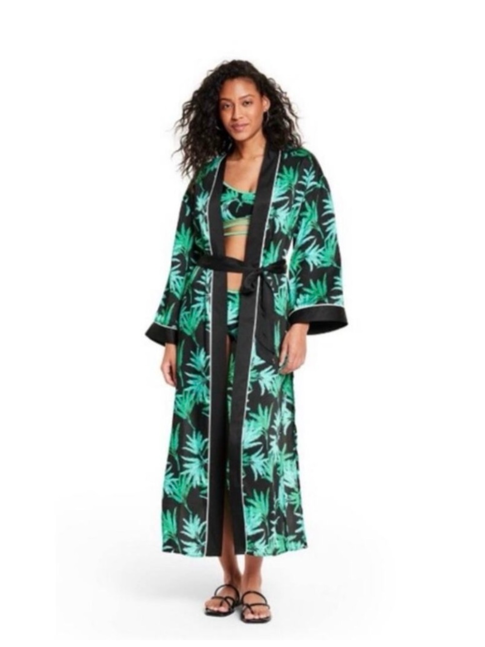 Fe Noel Long Palm-Print Swim Coverup in Green & Black Brand new w Tag